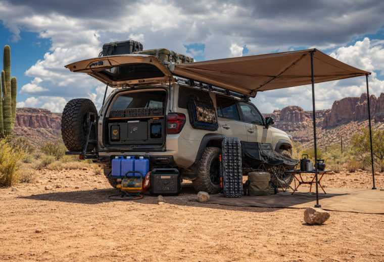 Overland vehicle at a shaded desert camp with water storage, tire gear, and power setup for Southwest summer travel