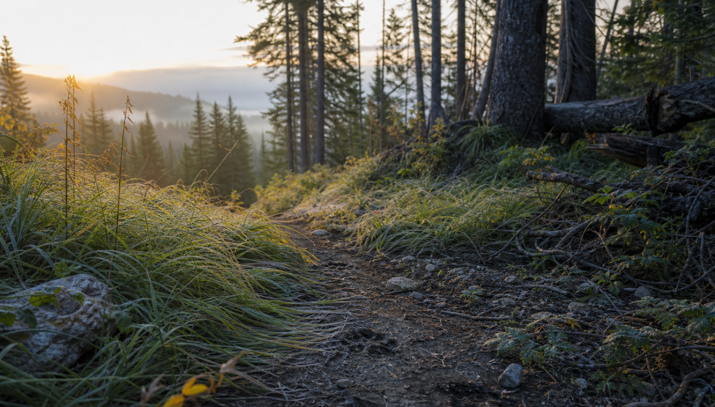 Backcountry forest trail with wildlife tracks and subtle signs of hidden movement at dawn.