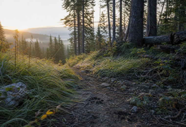Backcountry forest trail with wildlife tracks and subtle signs of hidden movement at dawn.