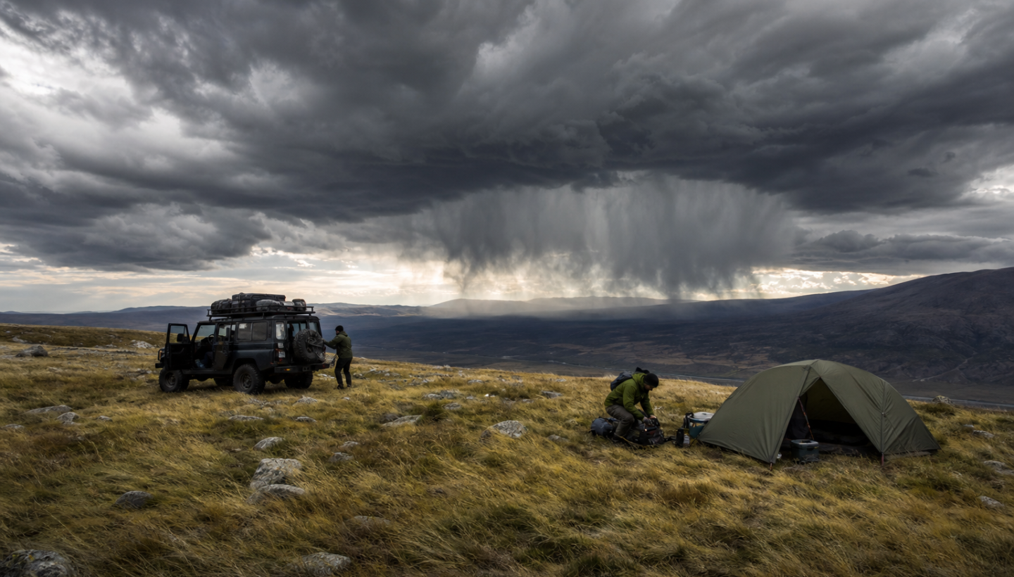 Remote campsite under building storm clouds with virga and wind, showing weather signs campers should not ignore.