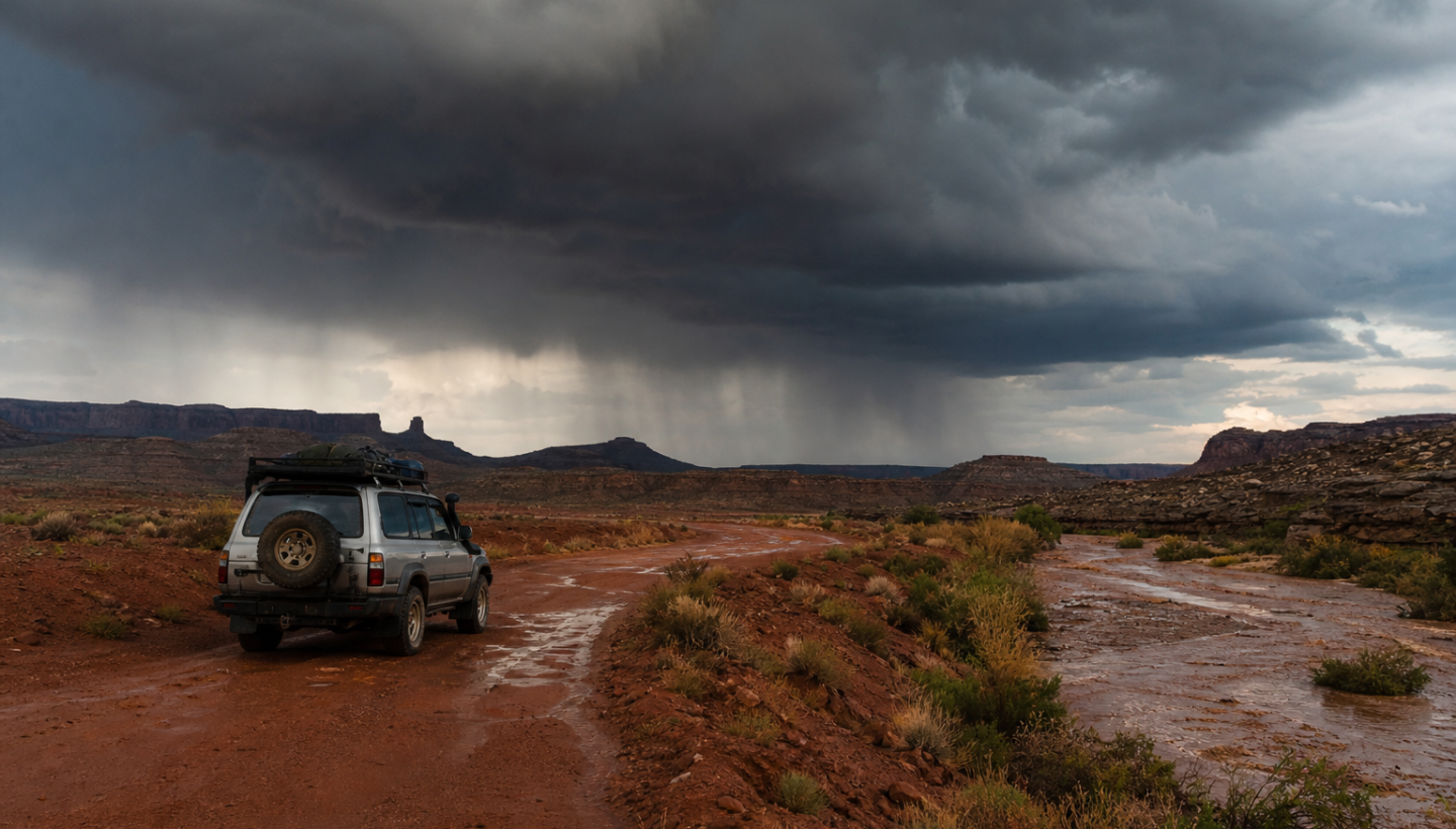 Overland vehicle paused near a desert wash as monsoon storm clouds build over a dirt road in the Southwest.