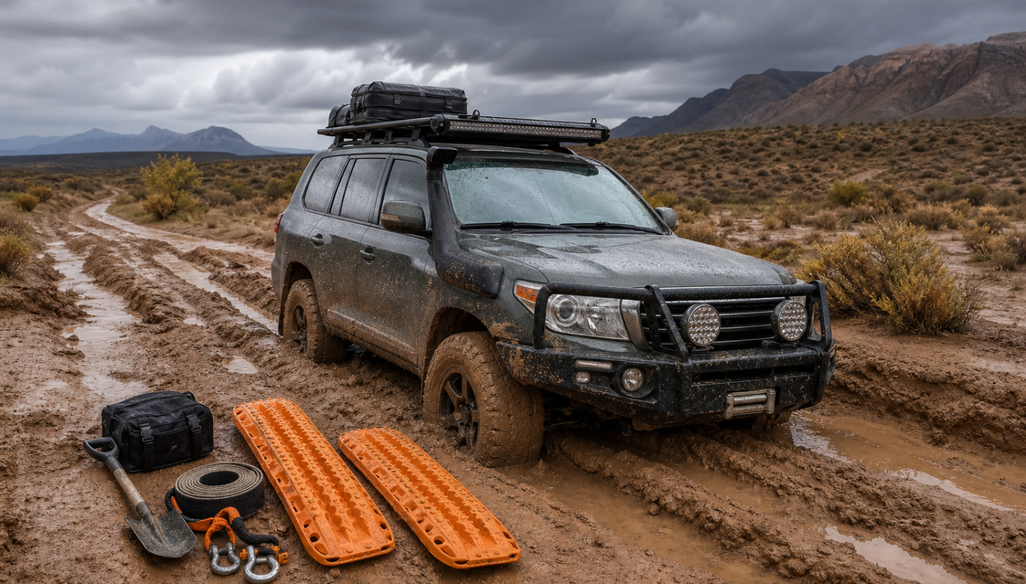 A 4x4 partially stuck in slick monsoon mud on a desert track with recovery boards and proper gear nearby.