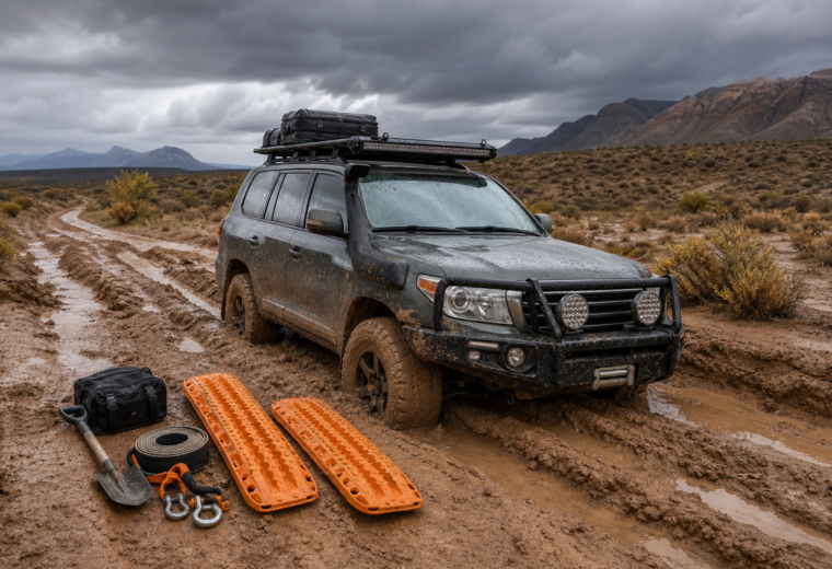 A 4x4 partially stuck in slick monsoon mud on a desert track with recovery boards and proper gear nearby.